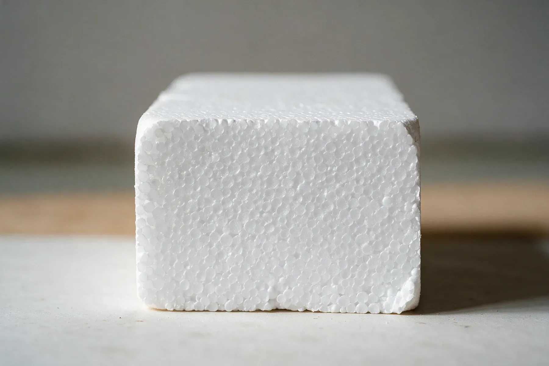 Wit blok geëxpandeerd polystyreen met de typische parelstructuur aan het snijvlak