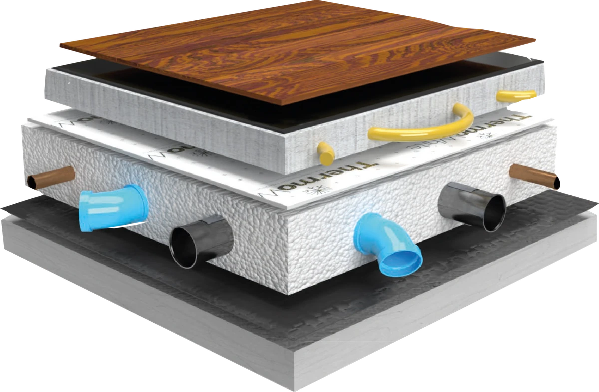 Opengewerkte vloeropbouw met vloerbekleding, chape, scheidingslaag en ThermoWhite® rond leidingen