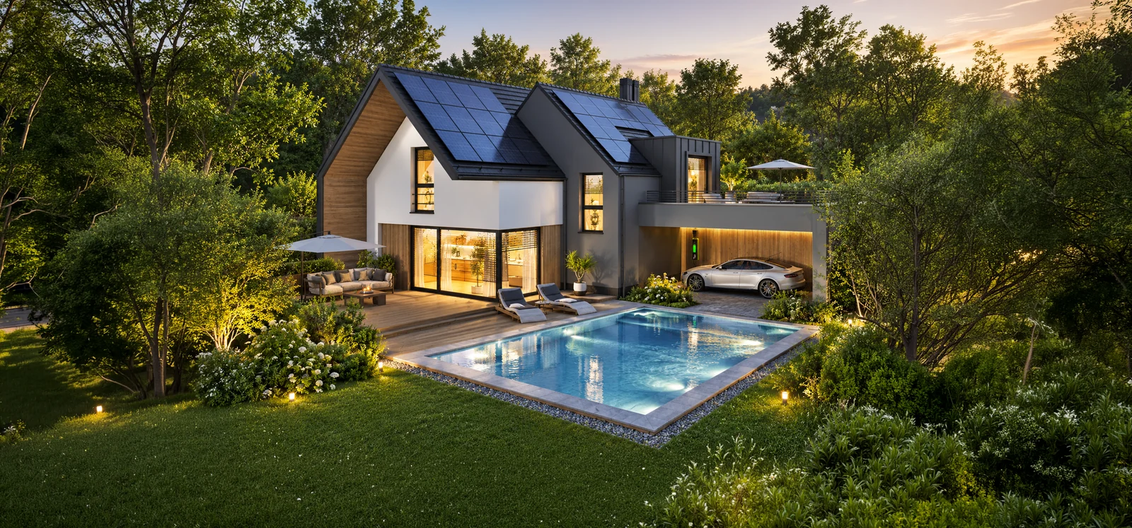 Woning met groene tuin en zwembad als illustratie van nieuwbouw en wonen met ThermoWhite®